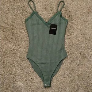 Brand New Ribbed Lace-Trim Cami Bodysuit (Sage)